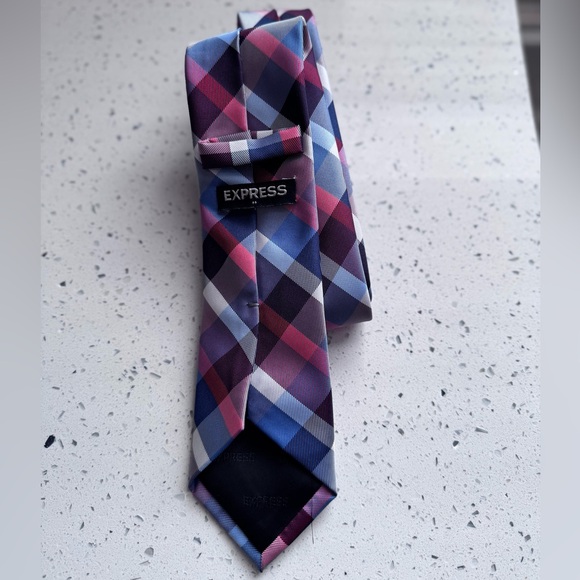 Express Men’s Plaid Necktie | Navy, Royal Blue, Red & White Geometric - Picture 3 of 9